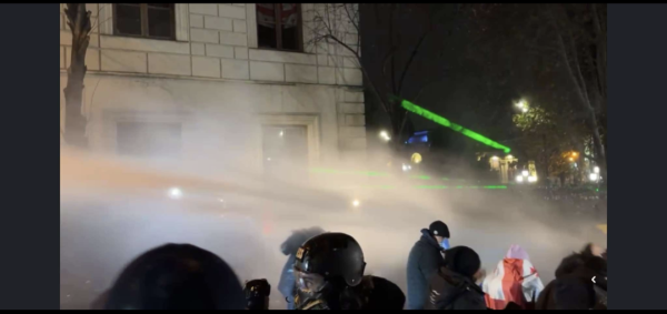 Photo of water cannons being used against protestors in Tbilisi Georgia.