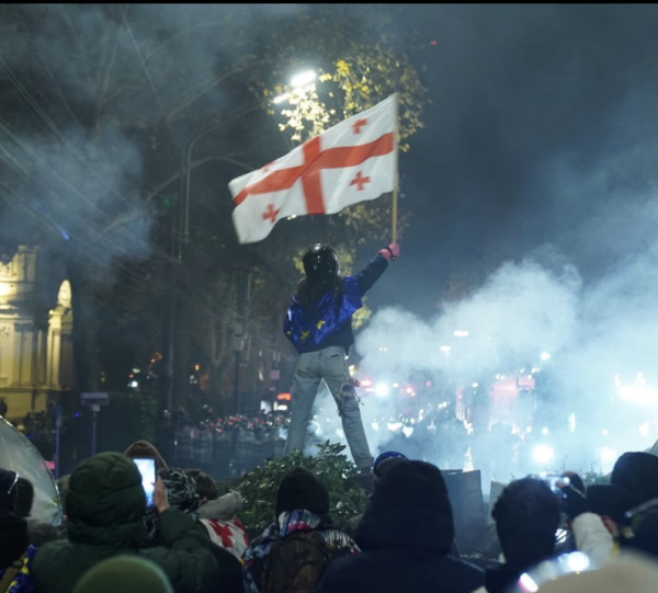 Protestors in Tbilisi Georgia waving a Georgia flag while surrounded by smoke and crowds.