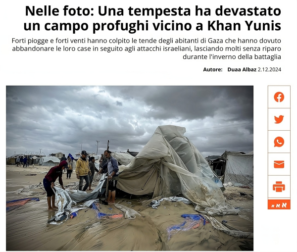 "Secondo le stime, circa 10.000 tende sono state spazzate via o danneggiate dalla tempesta."
Tende per sfollati interni danneggiate dalla pioggia e dall'acqua di mare sulla spiaggia di Khan Yunis, nel sud della Striscia di Gaza, il 25 novembre 2024 (Foto: Duaa Albaz / Activestills)