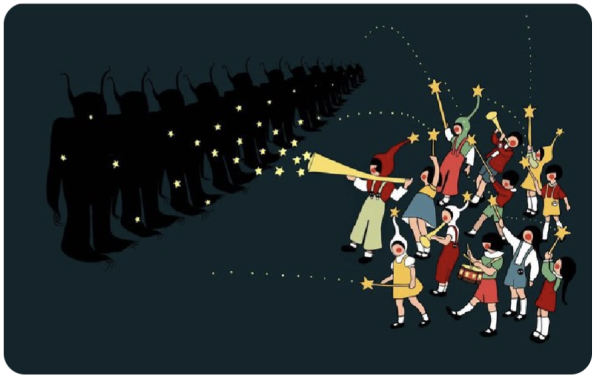 Illustration of protests in Georgia. Brightly coloured young people shooting stars at a row of silhouetted police officers in the night time.
It's very stylised and beautiful. 