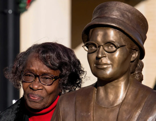 Mary Louise Smith-Ware pictured with the Rosa Parks statue in downtown Montgomery after its unveiling in 2019