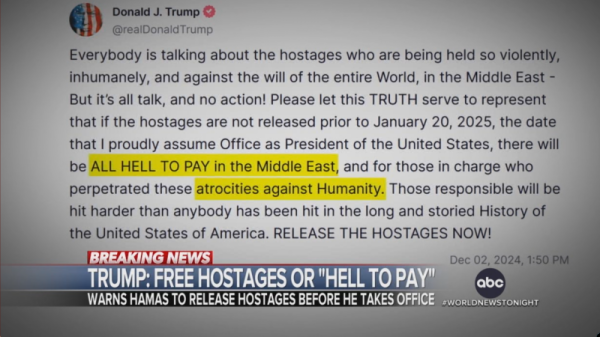 Trump threatens The entire Middle East if Hamas does not release the hostages, saying there will be "Hell to pay."