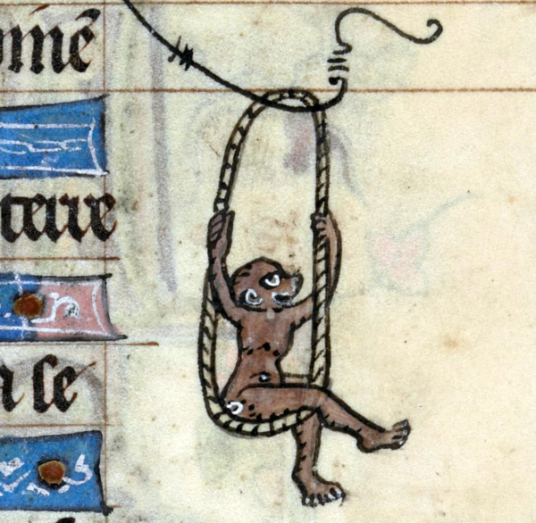 Monkey on a swing. Hours of Saint-Omer, France ca. 1320. BL, Add 36684, fol. 31r.
#medieval #MedievalArt