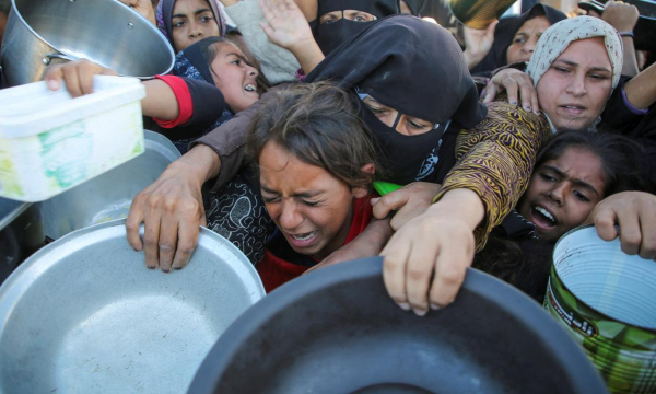 Un grupo de palestinos trata de lograr comida de una ONG en Khan Younis, al sur de Gaza, el 19 de noviembre de 2024. (Hatem Khaled / Reuters)