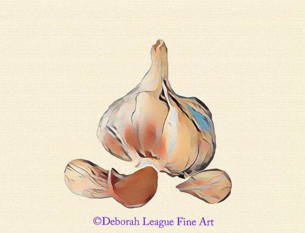 Elevate your kitchen or dining area with this art print of a garlic head or bulb. This wall art captures the beauty of nature’s simplicity with intricate details and earthy tones, perfect for enhancing rustic, farmhouse, or modern interiors. Ideal for food lovers, chefs, or anyone who appreciates culinary-inspired decor, this garlic head print brings a touch of organic elegance to your space. 

The image features a garlic bulb from which three cloves have been removed and lay in front of the whole vegetable. While this representation is primarily true to the color of the plant, turquoise is also used as an accent color. The textured image has a cream-colored background.