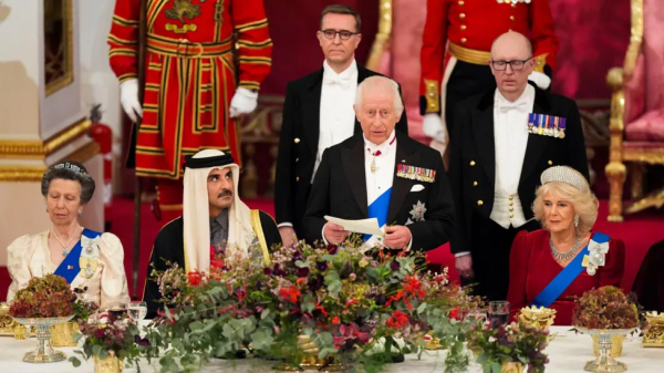 King Charles, Emir of Qatar, Queen Camilla and others at a banquet in Buckingham Palace