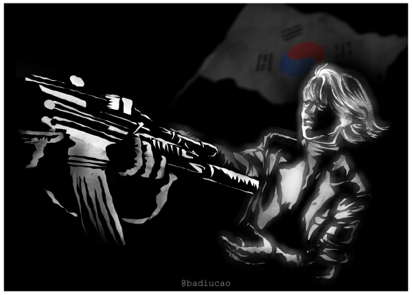 Black and white drawing of a woman trying to take a rifle from the hand of a soldier with a South Korean flag in the background. This depicts a real incident. The woman's name is Ahn Gwi-ryeong, a brave defender of democracy!! 
Cartoon by Badiucao 