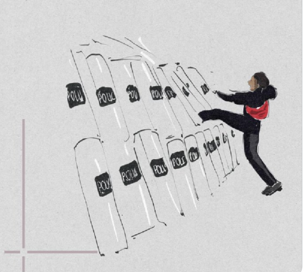 Illustration of a lone woman kicking at a row of riot police with shields in Tbilisi Georgia