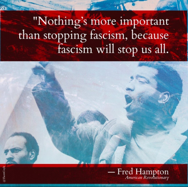 digital collage: Fred Hampton giving a speech. Color and painting texture. Quote text overlaid