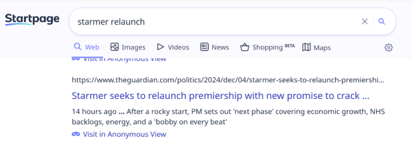 Search results for Starmer relaunch showing Guardian headline 'Starmer seeks to relaunch premiership with new promise to crack...'