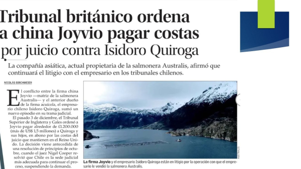 TRIBUNAL BRITÁNICO ORDENA A CHINA jOYVIO PAGAR COSTAS 
POR JUICIO CONTRA iSIDORO QUIROGA
CRONICA N bIRCHMEIER