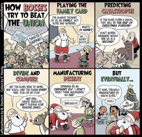 How Bosses try to beat the Union 
playing the family card 
Predicting catastrophe
Divide and conquer 
Manufacturing dissent
But eventually …

Left cartoons by B.Deutsch Colorado’s by F.Young