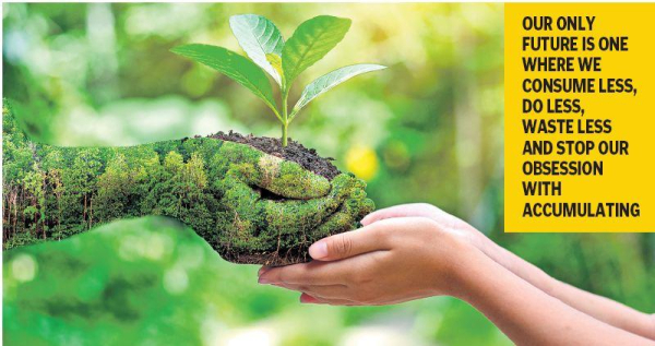 Composite photo of a pair of hands covered in forest greenery – perhaps representing Gaia – holding a growing plant in soil, and passing that plant to another pair of human hands who are ready to take it. Caption says: "Our only future is one where we consume less, do less, waste less, and stop our obsession with accumulating."