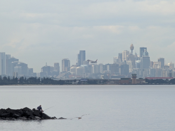 Sydney's metropolitan skyline seen in the back across the bay harbour and a fisherhuman in the front