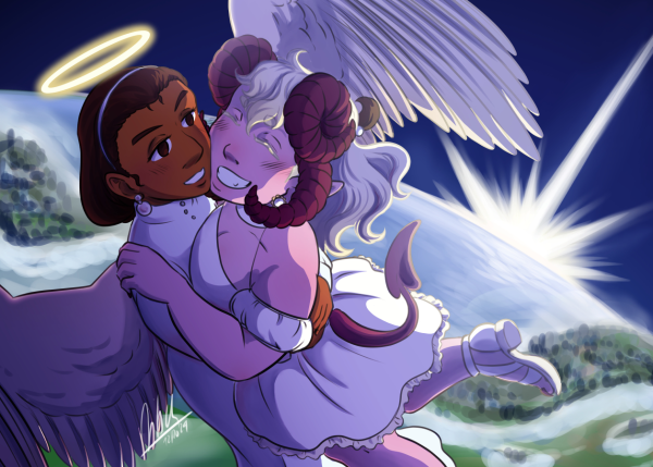 Colored anime style illustration of two female characters hugging in the orbit above earth. The characters are my original characters Shefali and Dolly, an angel and a devil. Shefali has dark skin and brown hair, a halo and wings,, here she wears a white long dress. Dolly has pink skin, platinum blonde hair, curly dark pink horns and a typical devil tail with a spade-like tip, here she wears a short white dress with poofy things around the arms. The earth in the background is illuminated by a ray of light from behind it. 