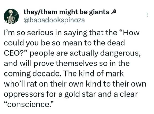 they/them might be giants a @babadookspinoza I'm so serious in saying that the "How could you be so mean to the dead CEO?" people are actually dangerous, and will prove themselves so in the coming decade. The kind of mark who'll rat on their own kind to their own oppressors for a gold star and a clear "conscience."