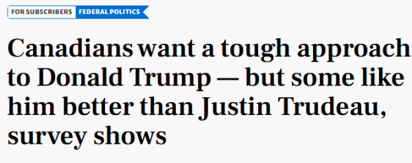 Toronto Star, Dec 7 ,2024
Canadians want a tough approach to Donald Trump — but some like him better than Justin Trudeau, survey shows