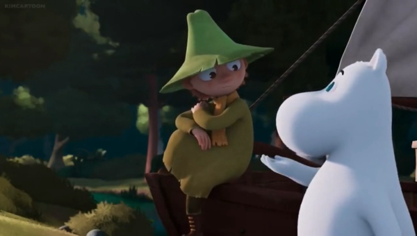 Moomin offers his hand to Snufkin. Snufkin is sitting on the bow of Moominpapa’s boat, looking over his shoulder at Moomin.