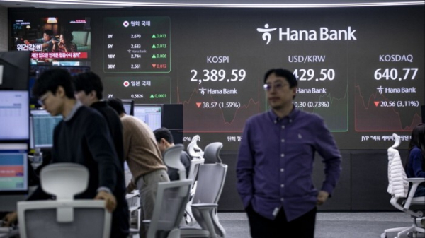 A screen displays the Kospi, the exchange rate between the South Korean won and US dollar and the Kosdaq index inside a dealing room at Hana Bank in Seoul