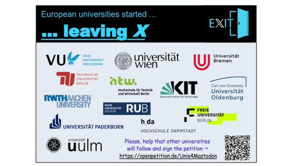 The picture shows the logo of universities in Austria, Germany and the Nederlands, which have left microblogging service X. 