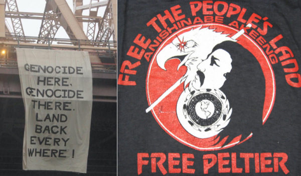 left side: banner dropped off bridge, reading 'Genocide here, genocide there, land back everywhere!'
right side:   red text on black background: Free the People's Land / Anishinabe Akeeng / Free Peltier.  Text surrounds a drawing of Peltier and an eagle both facing left, above a globe surrounded by eagle feathers. 