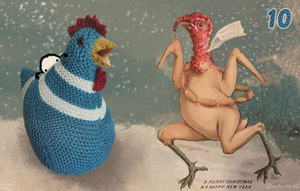 One the right hand side is an original Victorian Christmas card with a plucked turkey, festooned in a string of sausages, running across a snowy field. The text reads Merry Christmas and a happy new year. I have extended it out to the left, where Myfanwy the large knitted chicken now looks on, beak open in shock, and Friend, a simple draws figure, hides behind her, peering over her back.