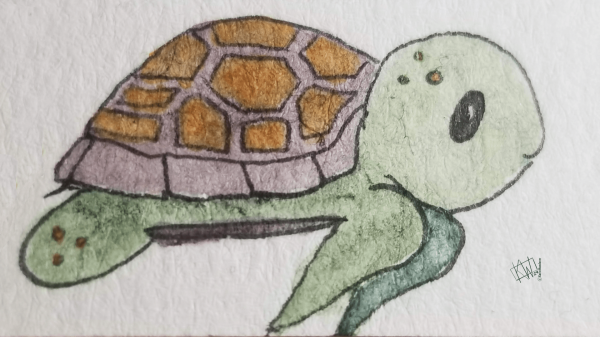 Watercolor of the happiest lil green sea turtle with a lovely brown shell.