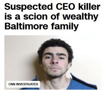 Screenshot of Luigi Mangione mugshot from CNN with the headline "Suspected CEO killer is a scion of wealthy Baltimore family"