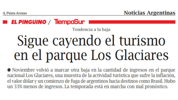 sigue cayendo el turismo en el Parque Los Glaciares
(columna Tiemposur) Noticias argentinas