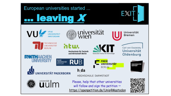 The picture shows the logos of universities in Austria, Germany and the Netherlands, which have left microblogging service X. 