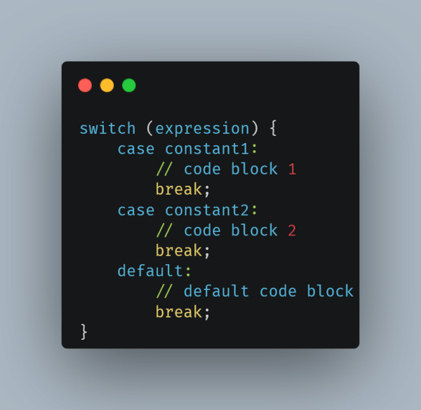 Stylized code snippet illustrating the structure of a switch statement in C. The code includes cases for constant1 and constant2, each with a break statement, and a default case for handling unmatched conditions. The design mimics a modern code editor with a dark theme and colored syntax highlighting.