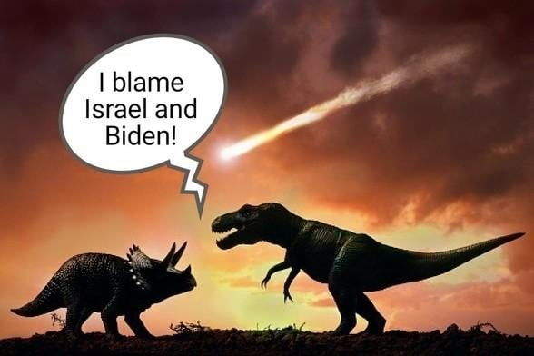 Image 
Dinosaurs chatting at the extinction event 
Text
I blame Israel and Biden 