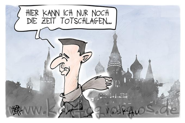 Karikatur: Assad in Moskau sagt: Hier kann ich nur noch die Zeit totschlagen...
