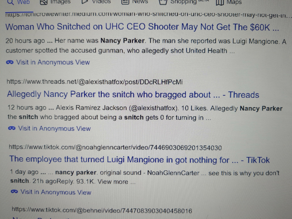 Screenshot of startpage result for a Nancy Parker claiming she bragged about being the McSnitch