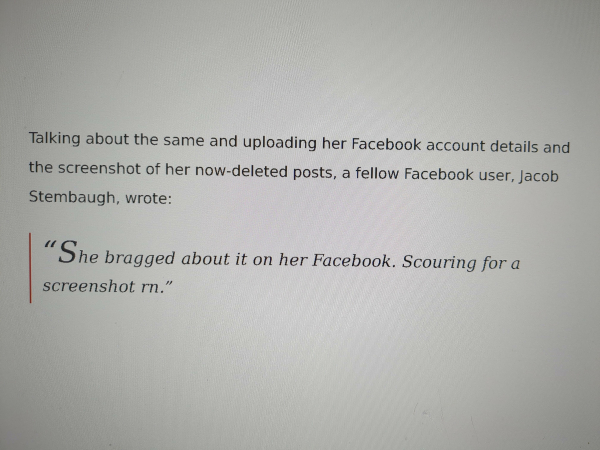 Relevent part of a Sportskeeda report again indicating a Nancy Parker bragged on FB about snitching