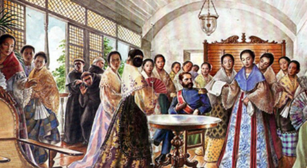 Painting of the women presenting the petition to the governor. There are three monks in the background looking horrified.