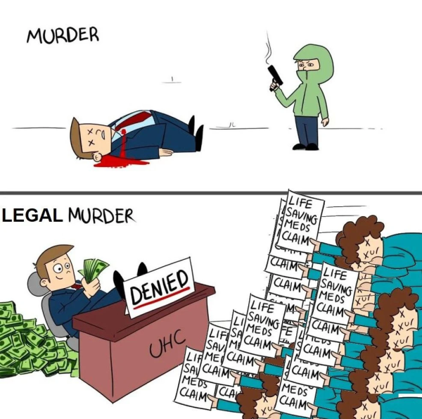 A cartoon exposing the double standards of murder under capitalism. On top it is mentioned as murder when stranger kills CEO and on the bottom it is mentioned as Legal murder when life saving meds claims of working class insurance claims are rejected heartlessly by insurance agencies