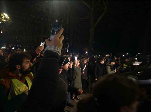 MEPs join protestors on Rustavali Avenue Tbilisi Georgia.