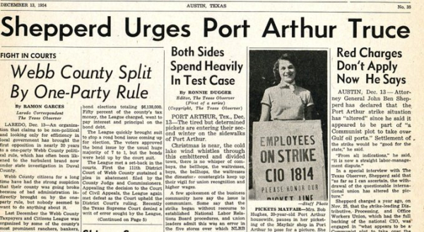 Old Texas Observer front page with the headline Shepperd Urges Port Arthur Truce with an accompanying black and white photo showing a smiling woman with sign that says "Employees on strike CIO 1814". Another major headline says Webb County Split By One-Party Rule. 