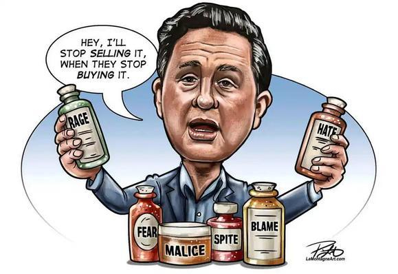 Comic of Pierre Poilievre Saying Hey I'll stop selling it when they stop buying it. He is holding two bottles one labelled Rage and the other hate. In front of him are four bottles labelled fear, malice, spite and blame