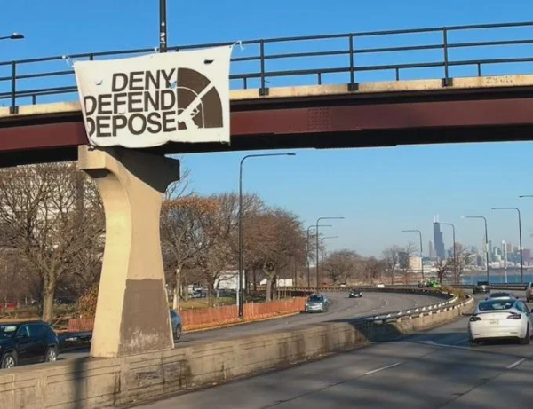 Banner hung over Lake Shore Drive in Chicago that says "Deny, Defend, Depose" with a silenced pistol beside the text.