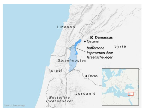 landkaart van Israel en buurlanden, Libanon, Jordanië, Westelijke Jordaanoever en Syrië, met daarop ingetekend de Golanhoogten en in kleur de bufferzone, ingenomen door het Israëlische leger.