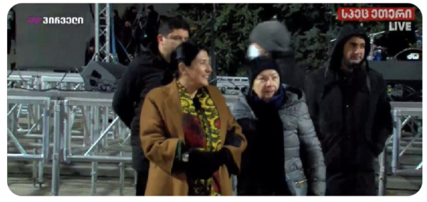 Salome Zourabichvilli outside parliament in Tbilisi Georgia, near the Christmas tree.