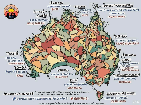 Acknowledge this poster

Map of so called Australia with major population area traditional owners / Nation/Clan/Mob & Capital City Traditional Place name.

Yamatji Jambinu (Geraldton) Nyinda Brandi.

Noongar Boorloo (Perth) Kaya.

Kaurna Tarntanya (Adelaide) Nina Marni 

Kulin Naarm (Melbourne) Wominjeka 