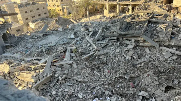 A multistorey residential building lies in ruins following an Israeli attack in Beit Lahiya in the northern Gaza Strip, November 17, 2024 [Stringer/Reuters]