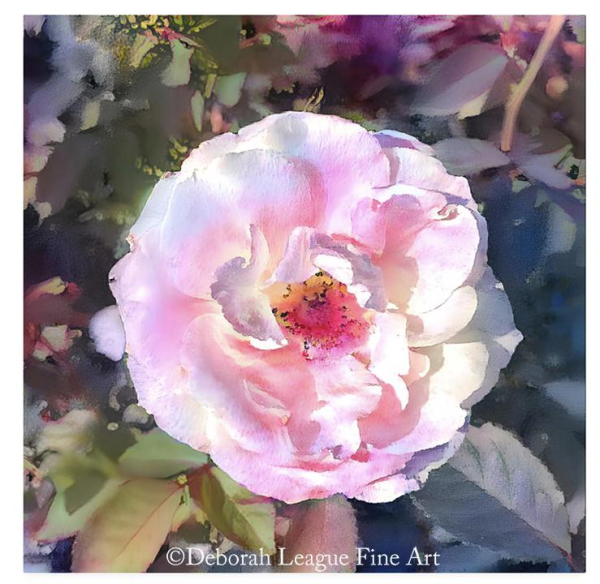 Single Rose In The Garden mixed media. Sun reflects off and illuminates the delicate petals of one multi-layered blossom in the garden. The pale pink and white flower is surrounded by leaves that appear blue-green in the shadows and warm yellow-green in the sunlight. Deep inside the bloom, bright pink and warm yellow tones glow in the warmth of the day.