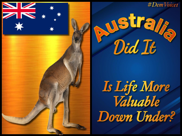 Two-part meme: left side with gold background and the Australian flag, with a large kangaroo looking at the camera. Right side with blue gradient background and gold text:”AUSTRALIA DID IT. Is life more  valuable Down Under?”
