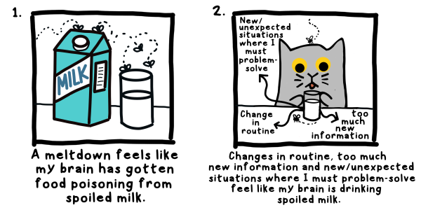 A meltdown feels like my brain has gotten food poisoning from spoiled milk. Changes in routine, too much information and new/unexpected situations where I must problem solve feel like my brain is drinking spoiled milk.