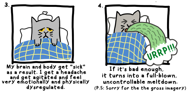 My brain and body get "sick" as a result. I get a headache and get agitated and feel very emotionally and physically dysregulated. If it's bad enough, it turns into a full-blown. uncontrollable meltdown.