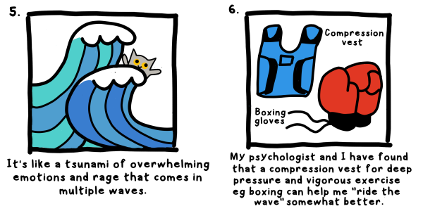 It's like a tsunami of overwhelming emotions and rage that comes in multiple waves. My psychologist and I have found that a compression vest for deep pressure and vigorous exercise eg boxing can help me "ride the wave" somewhat better.